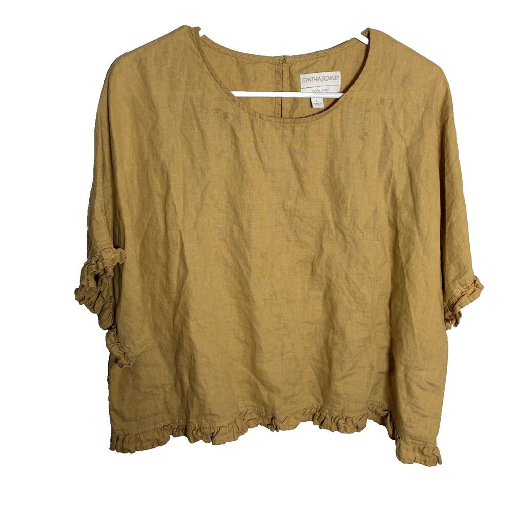 Cynthia Rowley Blouse Women's Large 100% Linen Mustard Ruffle Fringe Top